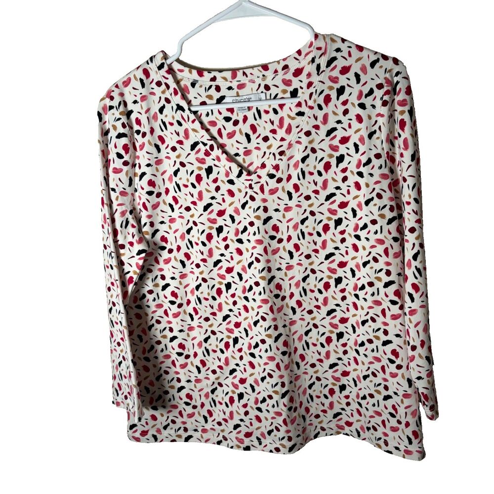 Chico's T-Shirt Women's 1 Medium V-Neck Printed Colorful 3/4 Sleeve Casual Top